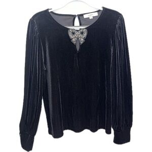 LOFT Black Velvet Long Sleeve Top with Jeweled Bow Accent
